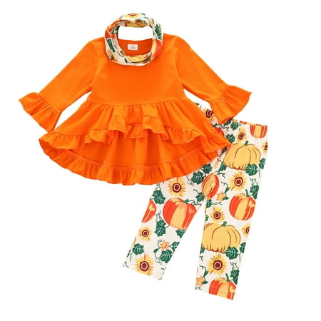 

3PCS Toddler Baby Girl Halloween Outfits Long Sleeve Ruffled Dress Tunic Tops Pumpkin Pants Scarf Clothes Sets