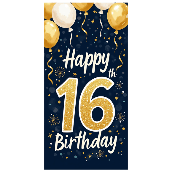 Happy 16th Birthday Themed Background Banner with Balloons Stars and Cakes for Birthday Party Decorations Photography Props Party Supplies Decor Backdrop