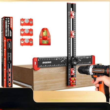 4 in 1 Adjutable 4 in 1 Drilling Positioning Ruler Tool 14in T Square Ruler Aluminum Alloy Cabinet Hardware Jig Tool for Woodworking
