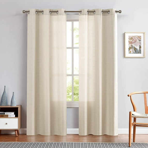 Vangao Living Room Curtains 40" x 96" Beige Semi Sheer Linen Textured Window Curtain Set of 2 Panels Light Filtering Grommet Drapes