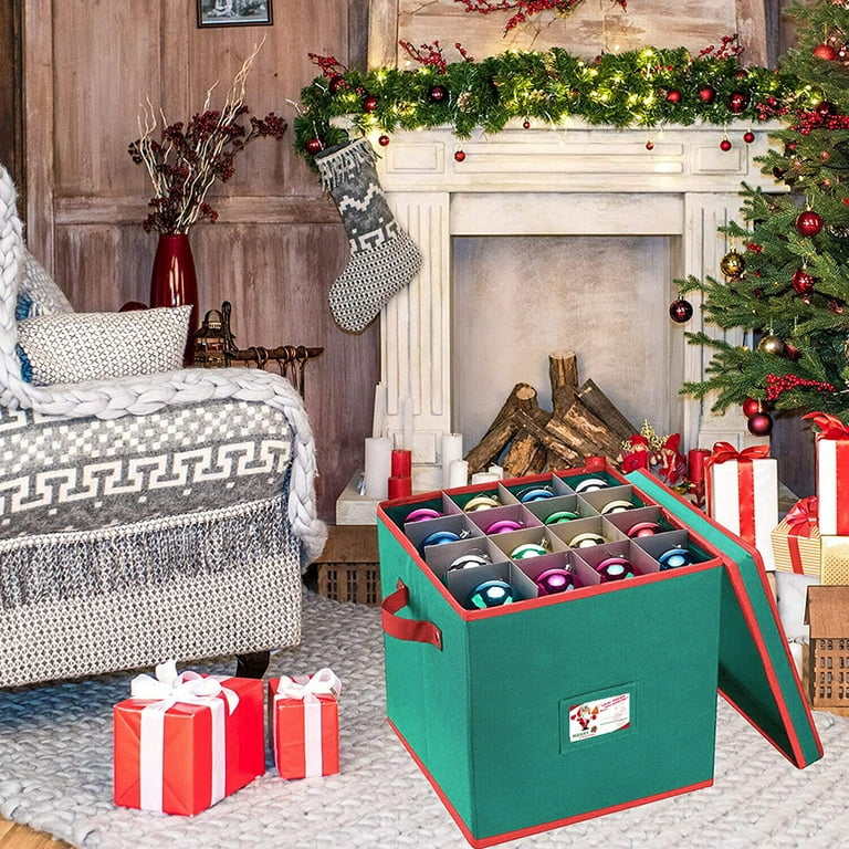 Hearth & Harbor Pack of 2 Large Christmas Ornament Storage Box with  Adjustable Dividers, Polyester