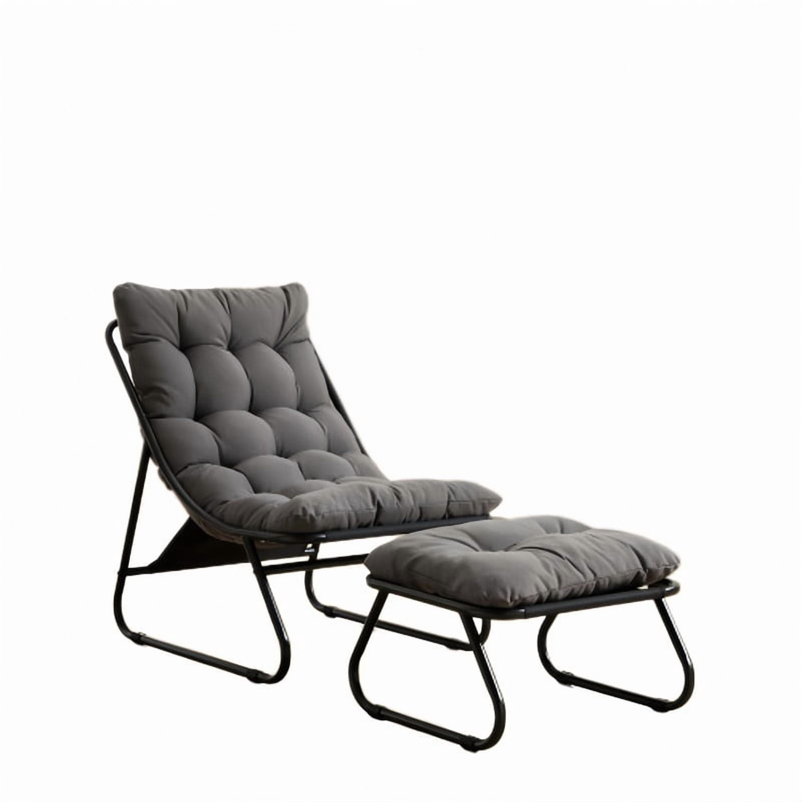 Modern Patio Lounge Chair with Ottoman, Comfy Sling Recliner Chair with Puffy Cushion and Foot Stool for Indoor Outdoor Living Room