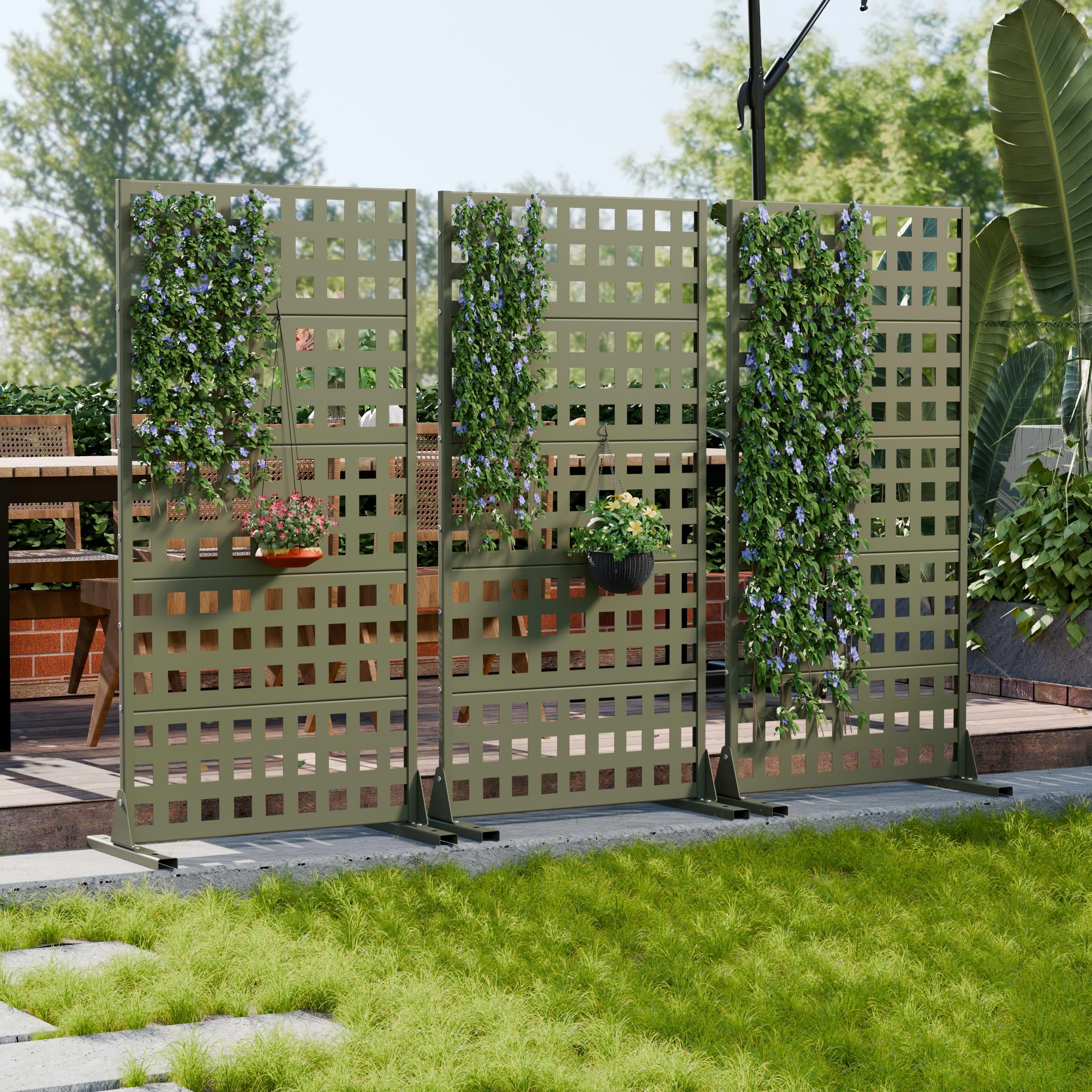 MAYEERTY Outdoor Metal Privacy Screen 5ft Olive Gray, 5-Panel Lattice Pattern, Rust-Resistant for Garden