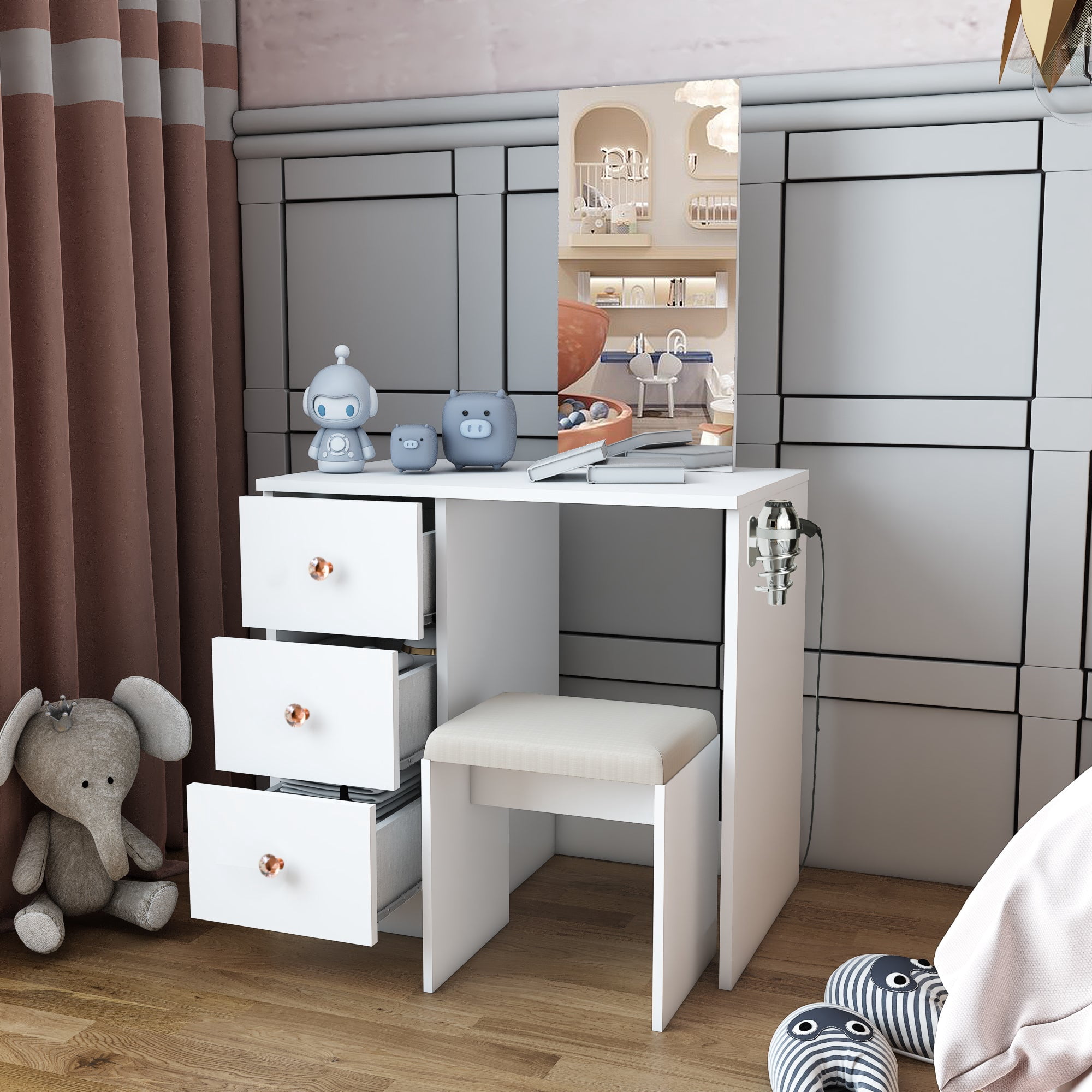 Ember Interiors Small Kids Vanity Makeup Desk Set with Chair, Mirror,Rose Gold Crystal Knobs, White