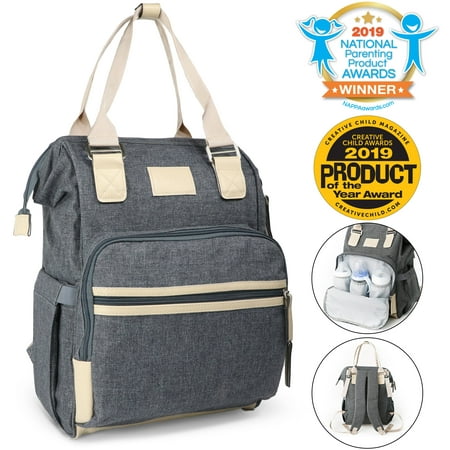 Kids N' Such Grey Chambray Diaper Bag Backpack - Waterproof and Multi-Functional Maternity Bags for Travel with Baby - Large Capacity, Durable and Stylish,