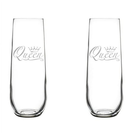 Set of 2 Glass Champagne Flutes Sparkling Wine Glasses Queen Fancy (8.5 oz Stemless)