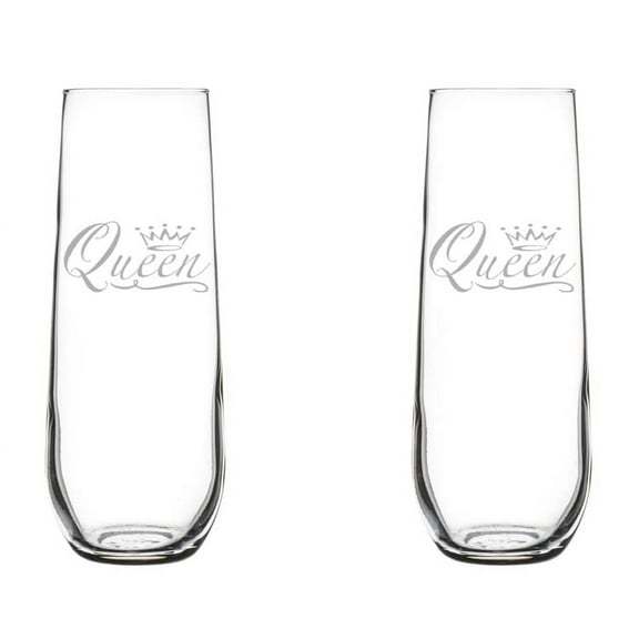 Set of 2 Glass Champagne Flutes Sparkling Wine Glasses Queen Fancy (8.5 oz Stemless)