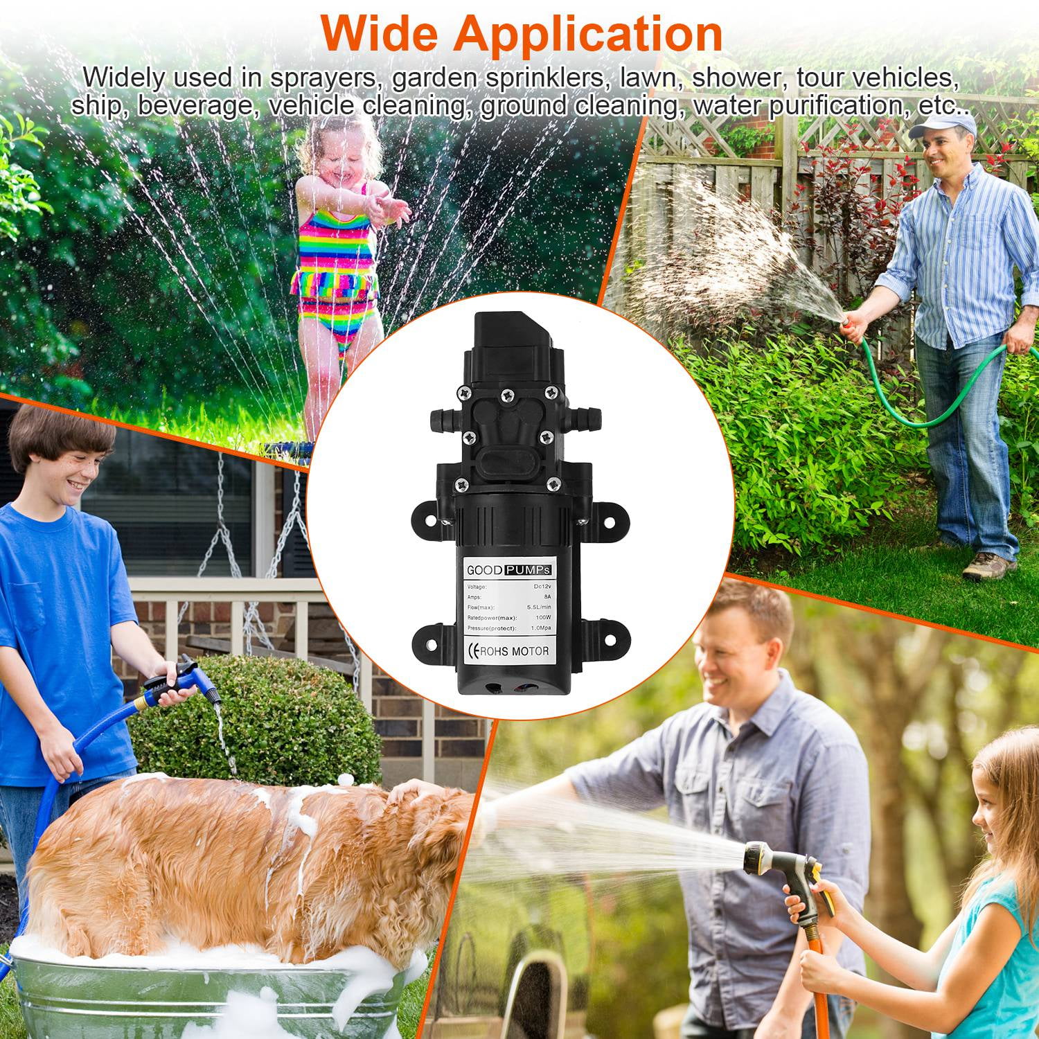 12V 100W Electric Diaphragm Water Pump w/ 2 Hose Clamps  123PSI Self Priming Sprayer Pump