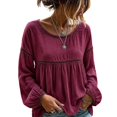 thumbnail image 2 of Women's Solid Color Round Neck Lace Patchwork Blouse, Long Sleeve Hollow Out Casual Shirt, Loose Fit Eyelet Top for Daily Office Holiday Wear 05-Wine L, 2 of 5
