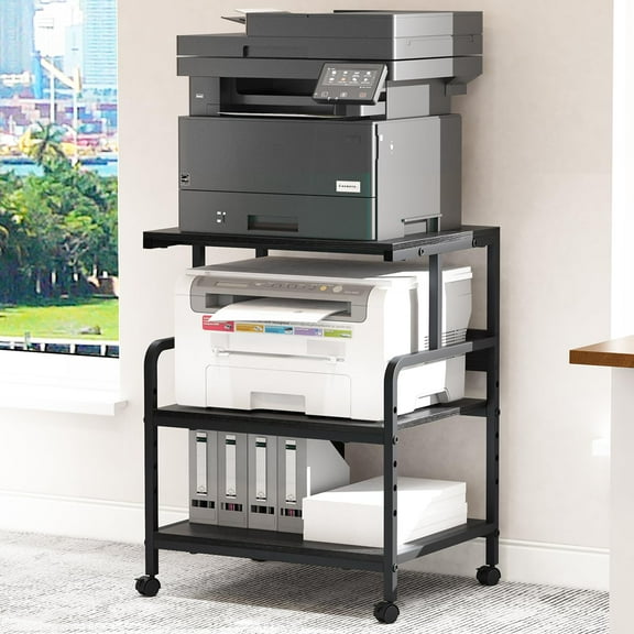 Large Printer Stand with Storage Shelf, 23.6" W x 18.9" D Mobile Printer Cart with Wheels, 3 Tier Table for Home Office, Stands for Heat Press Scanner Fax (Black)