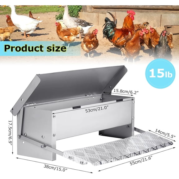 Automatic Chicken Feeder Treadle Large Poultry Feeders No Waste Stainless Steel Rat Proof Chicken Feeder Trough with Weatherproof Lid Treadle Chicken Feeder Self-Opening for Duck Fowl