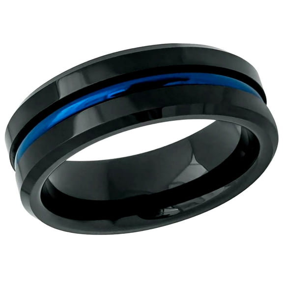 Men's Women's Tungsten Wedding Band Engagement Ring 8mm High Polished Beveled Edge Black IP Plated Ring with Blue IP Plated Grooved Center