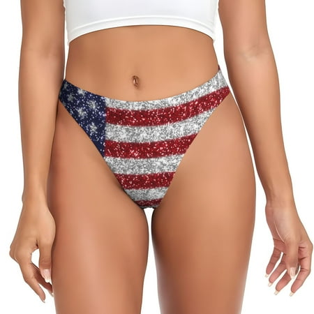 Kdxio America Flag Glitter Pattern Seamless Thongs for Women No Show Thong V-waisted Stretch Breathable Sexy Panties Underwear-Medium