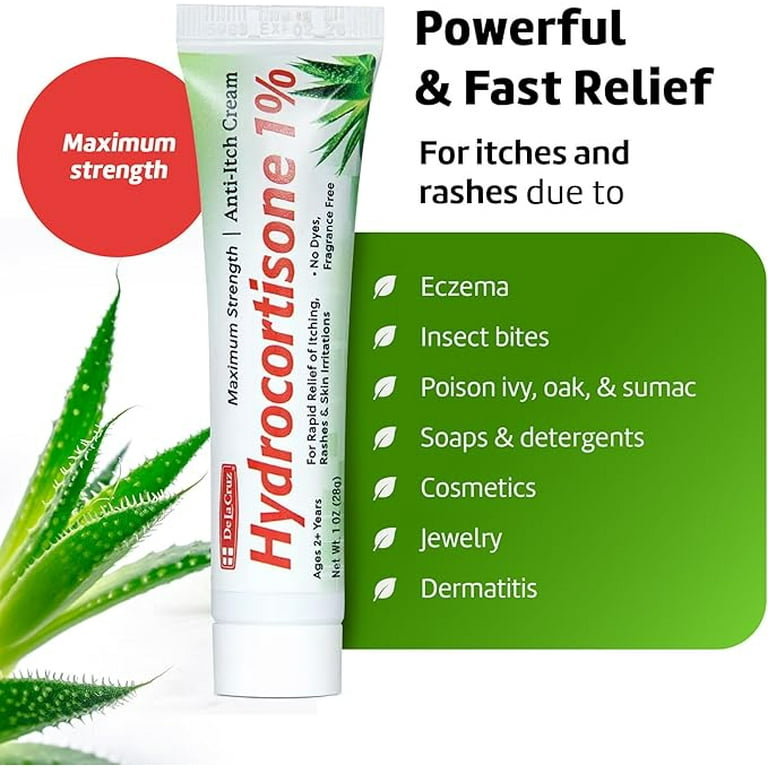 De La Cruz Hydrocortisone Cream With Aloe Vera - Maximum Strength Topical  1% Hydrocortisone Cream Anti-Itch - 1 OZ (28g)