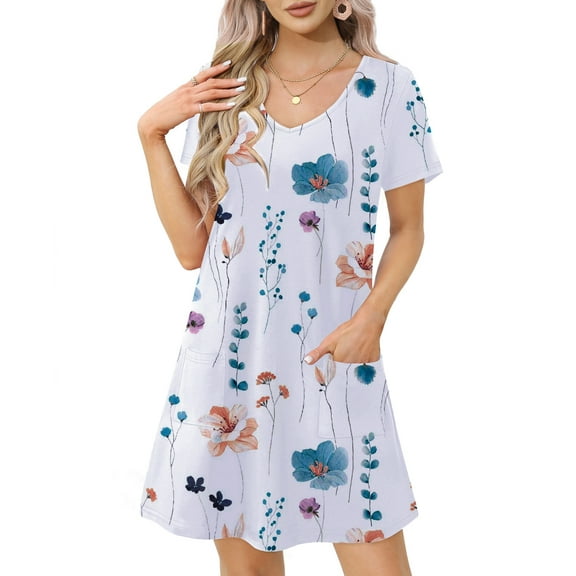 UVN Summer Dresses for Women V Neck Short Sleeve T Shirt Dress Casual Beach Sundress with Pockets