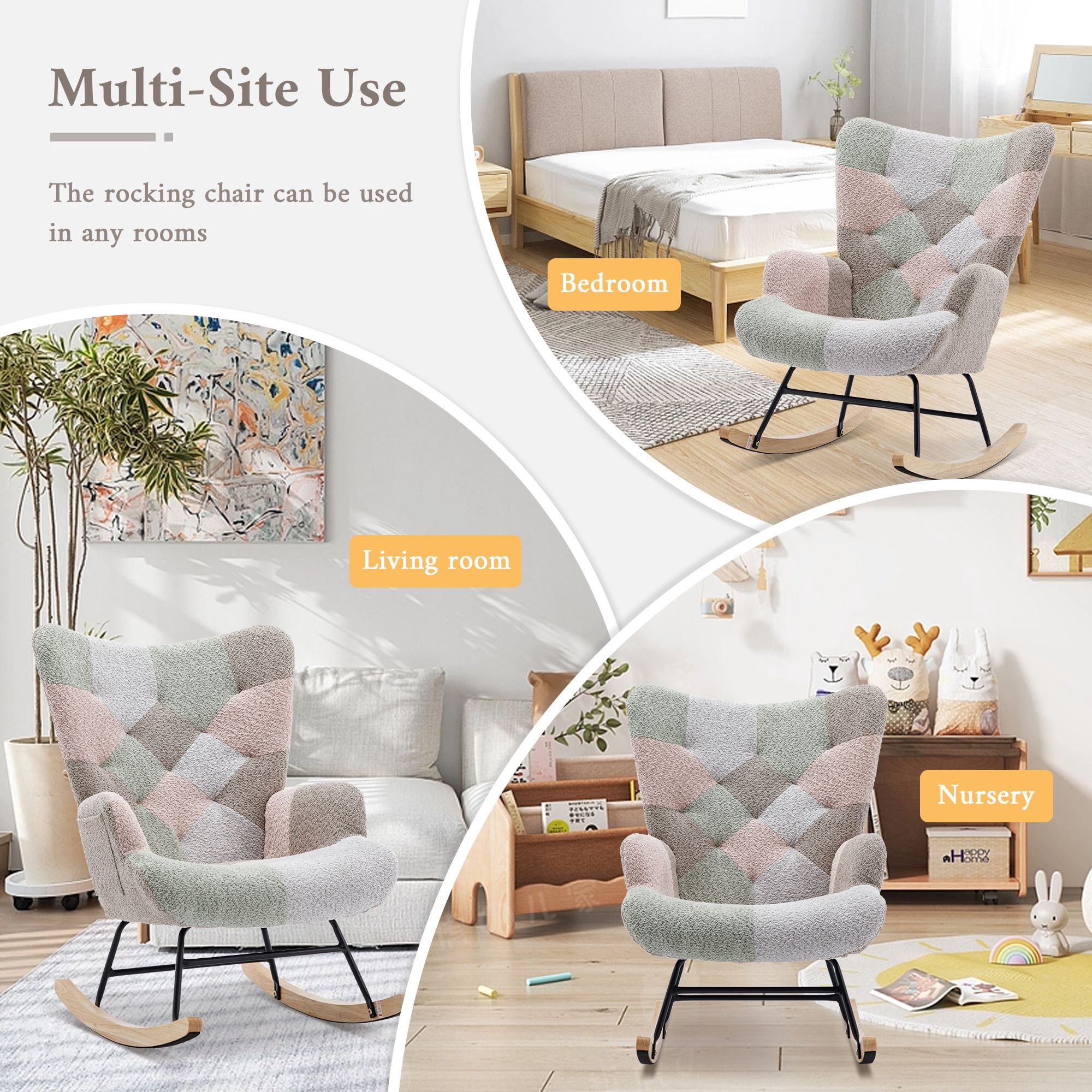 Teddy Upholstered Nursery Glider Rocking Chair - High Backrest Comfy Armchair | Versatile Accent Chair for Living Room, Bedroom, Offices