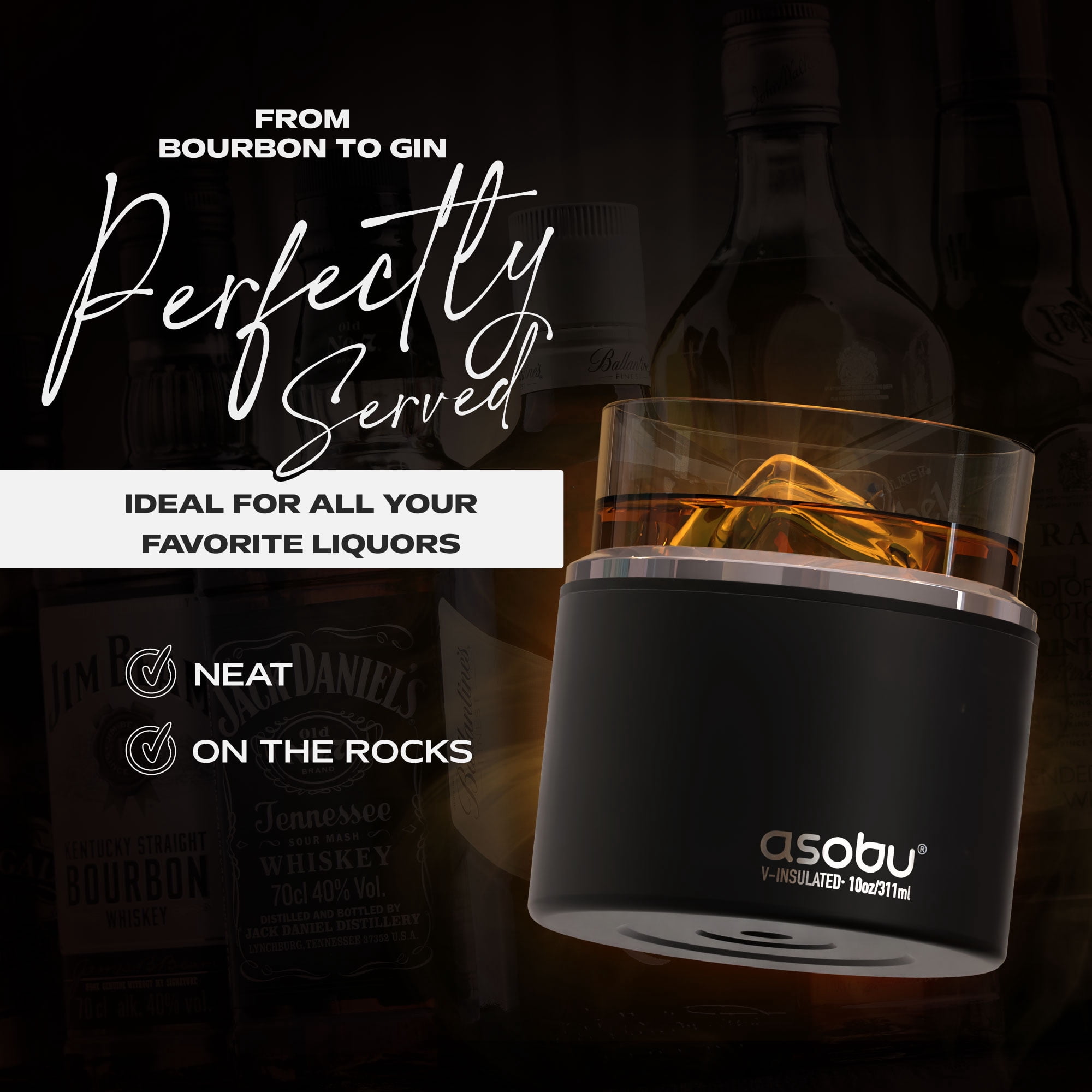 Asobu - Black Whiskey Glass with Insulated Stainless Steel Sleeve, 10.5 ounces