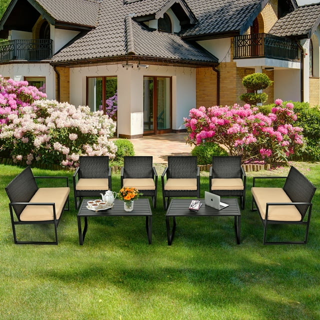 Gymax Ensemble de Mobilier d'Extérieur en Rotin Osier 8 Pcs, Ensemble de Conversation pour Patio avec Coussins