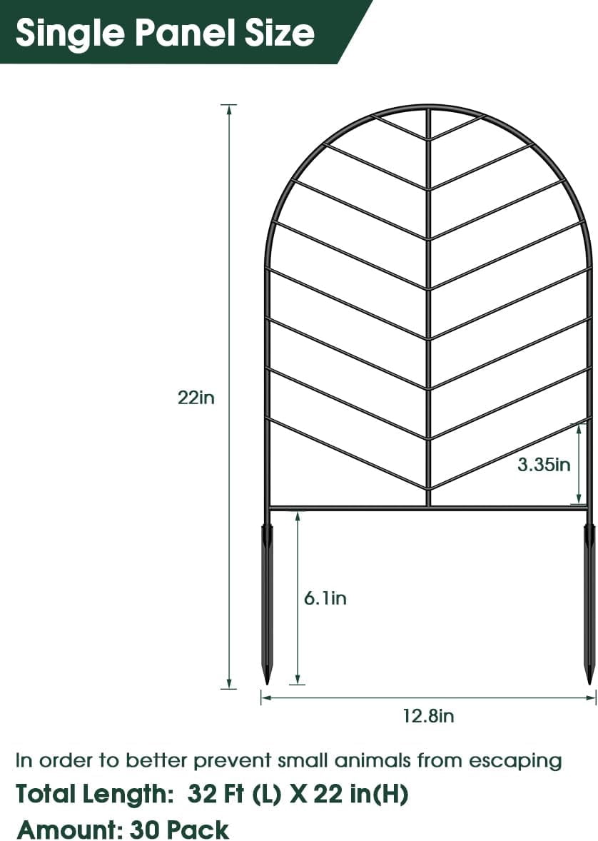 Decorative Garden Fence 22" Rustproof Metal Wire No Dig Fence for Dogs, 30 Panels, Black