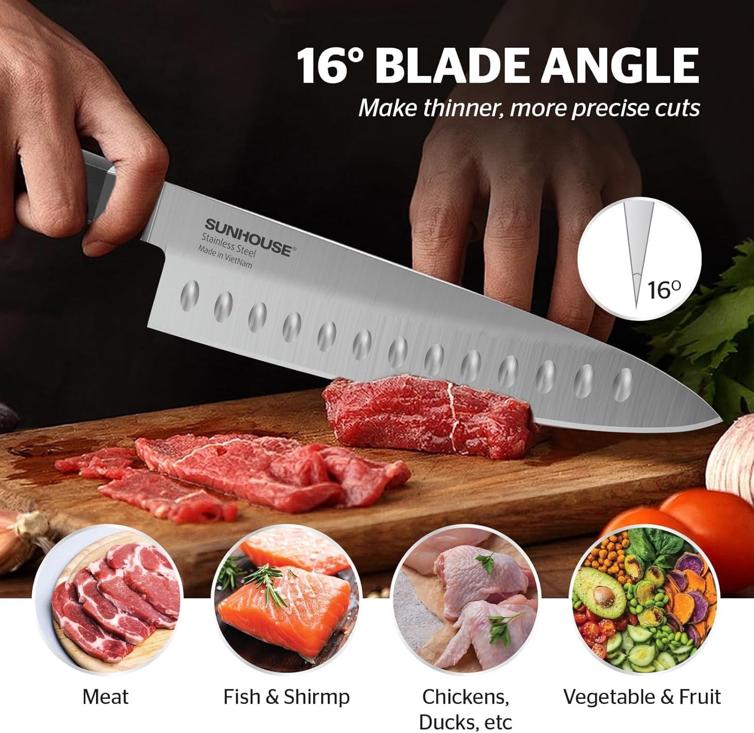 Sunhouse PREMIUM Chef Knife 7.9 inch, AUS-8 Stainless Steel – Superior 62HRC Hardness, Razor Sharp Blade, Full Tang, Ergonomic Handle, Perfect Gifts for Mom or Dad, Premium Gifts Box