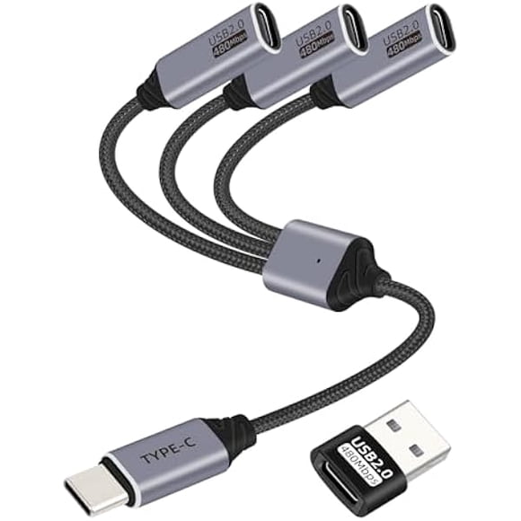 LinQingQ USB C Splitter 1 in 3 Out,USB Type C Splitter,Type C Male to 3 Type C Female Extension Cord,USB C Power Cabler Extender Hub Support USB 2.0 for Charging and Data Transfer (26CM)