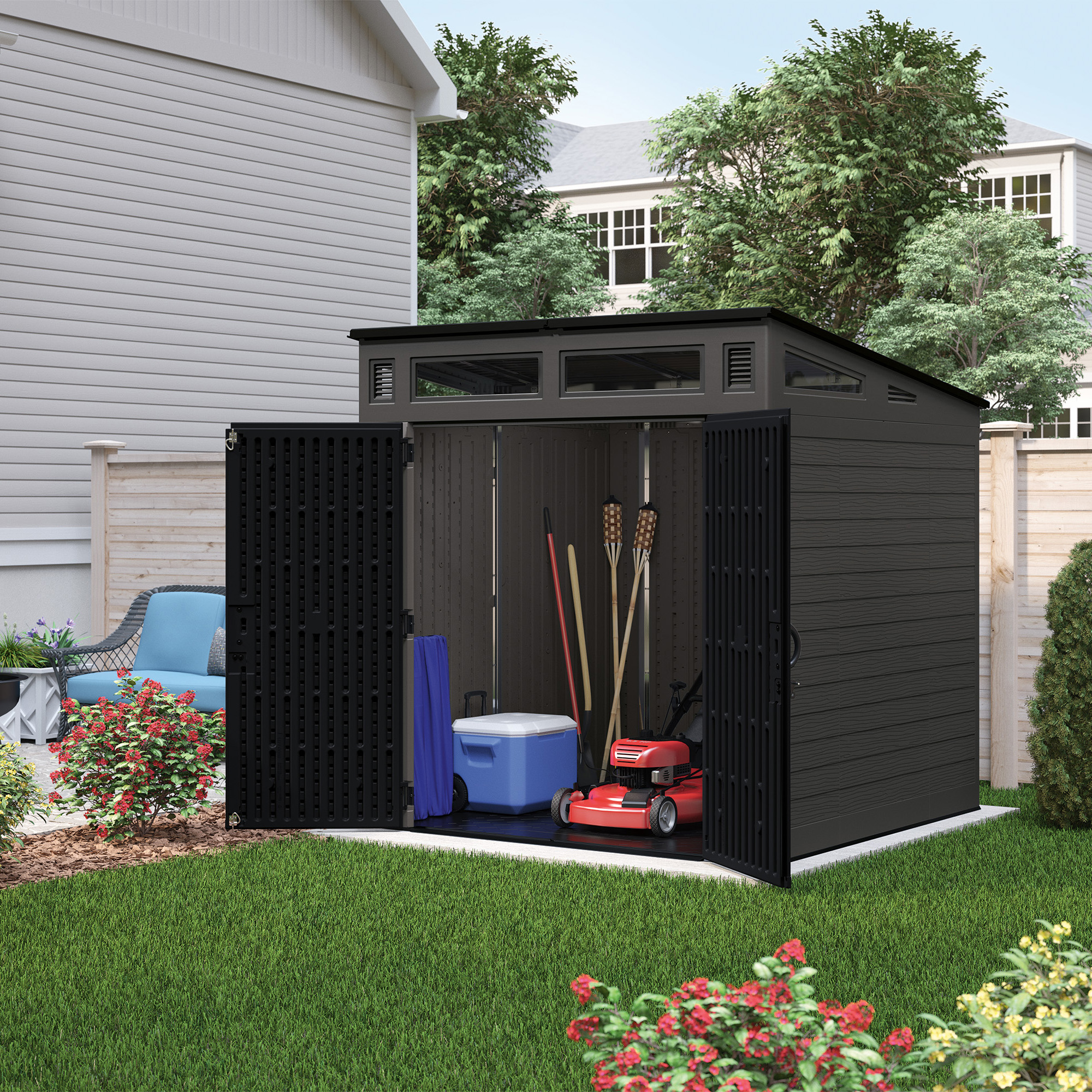 Suncast Resin Modernist Outdoor Storage Shed, Black and Gray, 86.5 in D x 89.5 in H x 87.5 in W - image 5 of 5