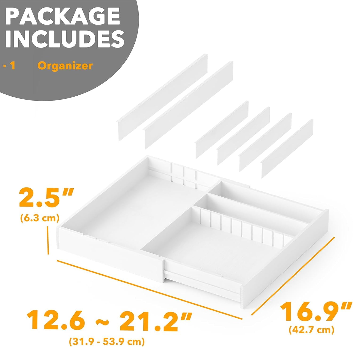 2.5" High Bamboo Silverware Drawer Organizer with Labels, Kitchen Utensil Expandable Tray Holder for Flatware, Cutlery, Spoon and Knives Drawer Storage Organization (White)