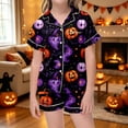 thumbnail image 2 of CAIVO Pajama Sets Girls Halloween Sleepwear Pumpkin Printed Lapel Short Sleeve Button Down Shirt With Shorts 2 Piece Loungewear For Kids Homewear, 2 of 4