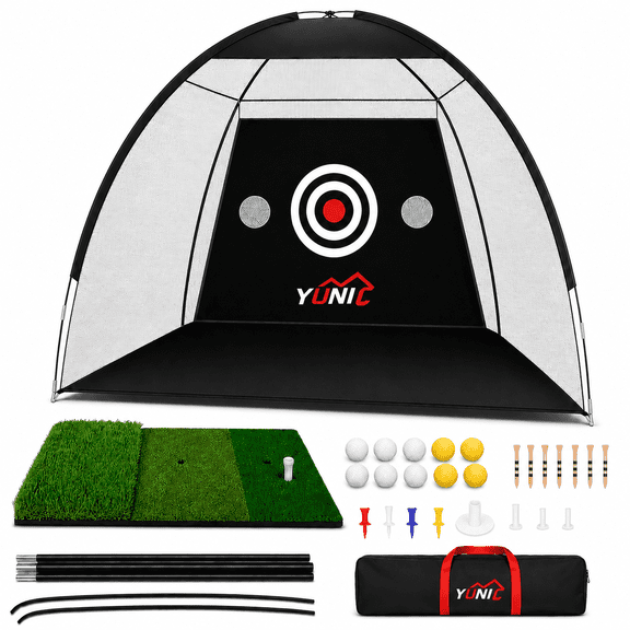 YUNIC Golf Net, 10 ft x 7 ft Golf Practice Net with Target Cloth and Tri-Turf Mat for Backyard Driving Chipping Training Swing, Indoor & Outdoor Training Hitting Aid Net