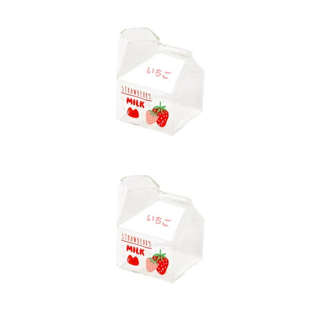 Wweixi 1/2/3/5 Transparent Glass Cup In Milk Box Shape - Easy To Check Surplus Cute Appearance Square Milk Straberry 301-400ml 2PCS