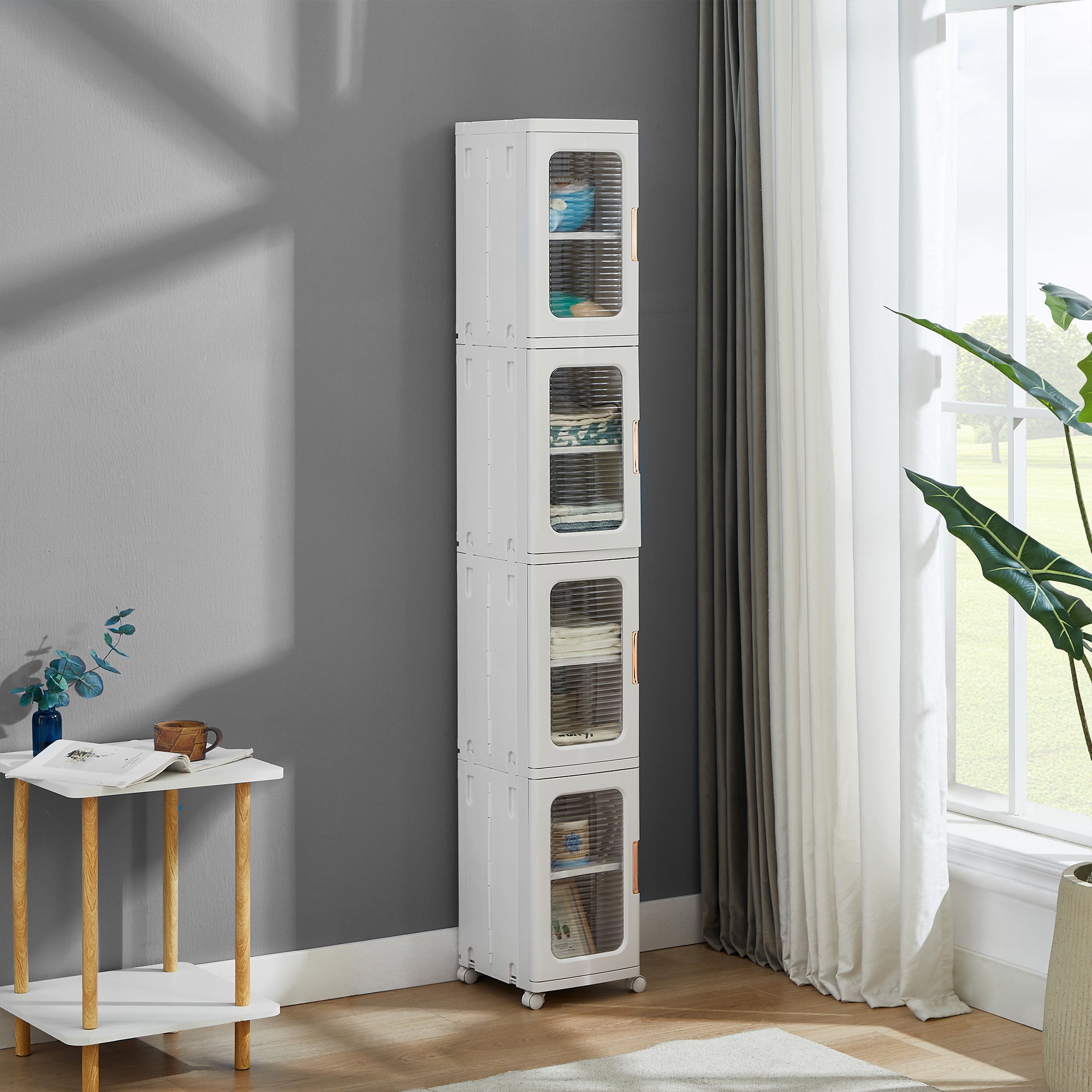 Slim Narrow Plastic Storage Cabinet with Adjustable Shelves, Doors & Wheels, Waterproof & Dustproof Design,White
