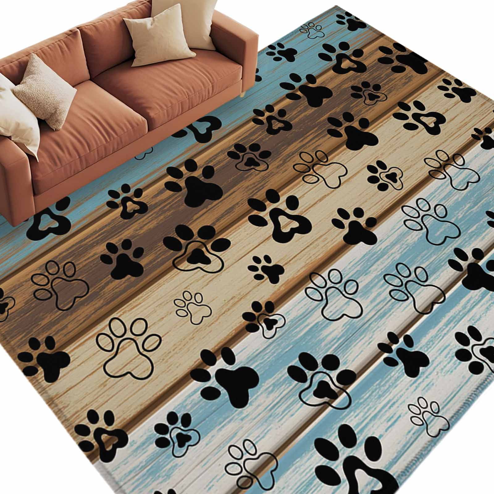 6'x9' Area Rugs, Cute Dog Claws Indoor Outdoor Area Rug for Living Room Bedroom, Farmhouse Blue Wooden Puppy Pawprints Washable Bathroom Rugs Kitchen Floor Carpet Mats Home Decor Aesthetic
