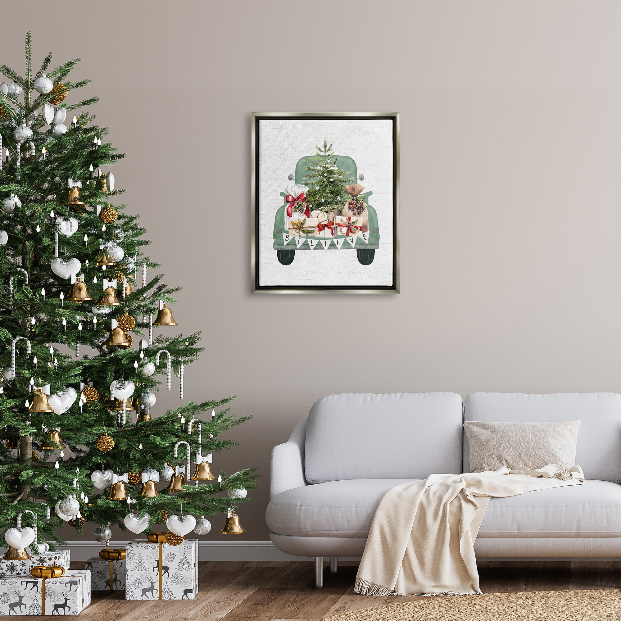 Stupell Industries Christmas Gift Pickup Holiday Painting Gray Floater Framed Canvas Art Print Wall Art, 25 x 31