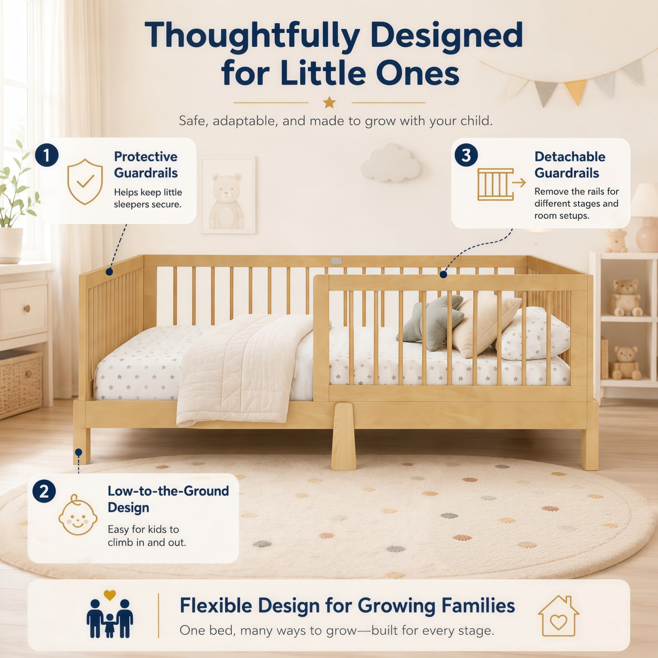 GDF Studio Rolley Full-Size 3-in-1 Convertible Montessori Floor Bed with Guardrails, Pine Wood Kids Bed Frame, Natural