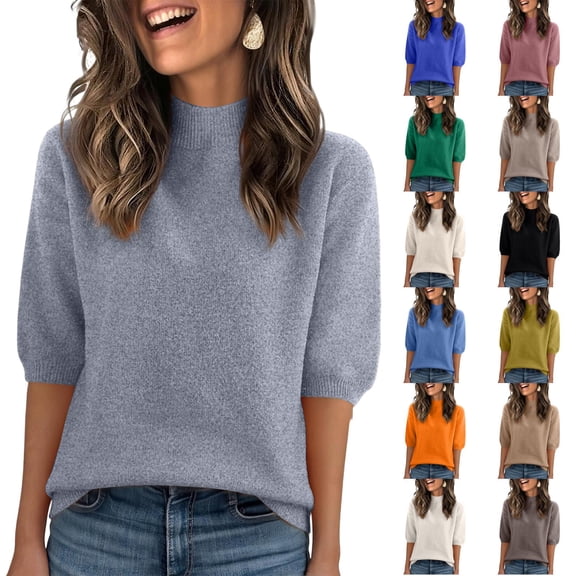 Women's Short Sleeve Sweaters Trendy High Neck Knit Pullover Tops Business Casual Spring Outfits 2026 White L