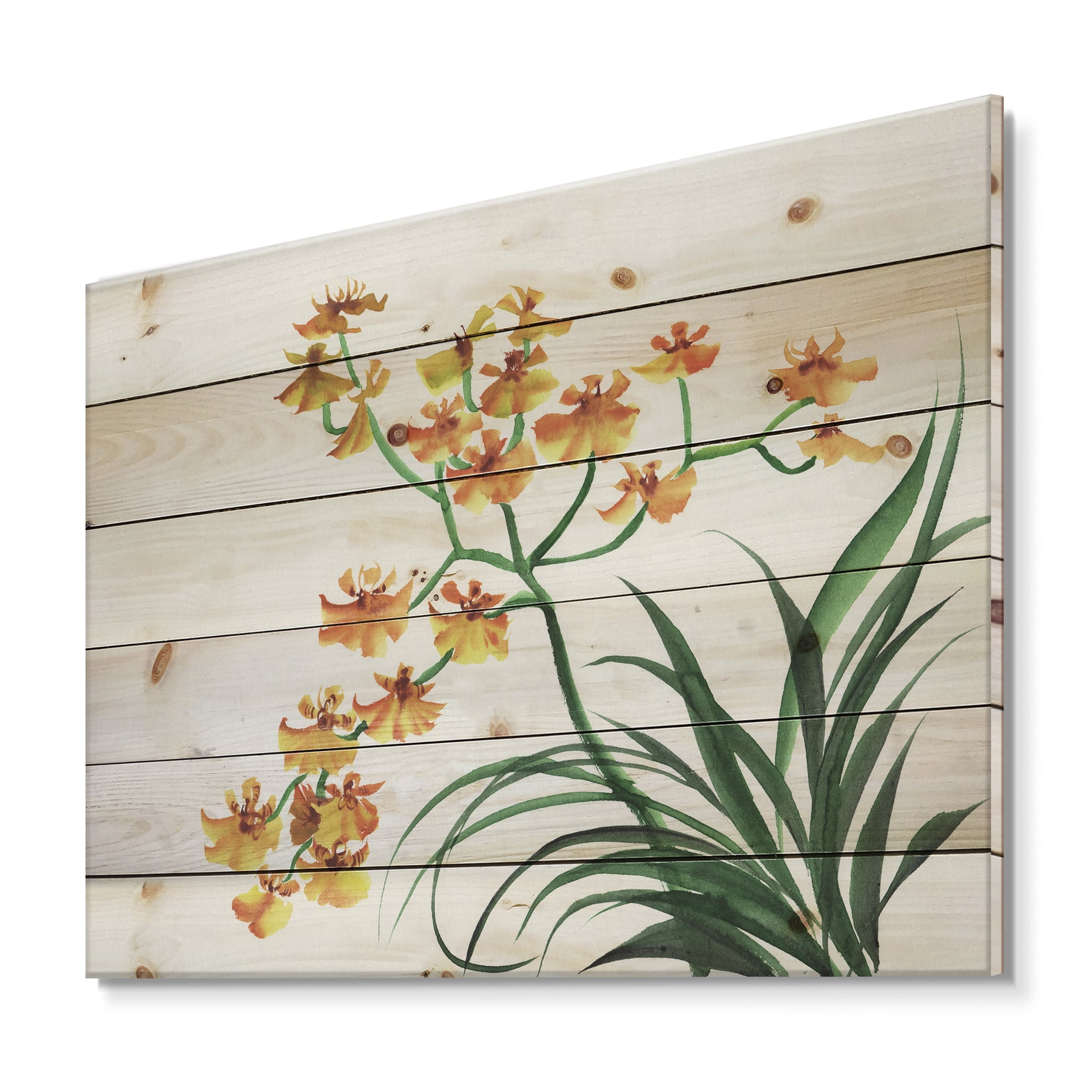 Designart 'Yellow Vintage Orchids On White' Traditional Print on Natural Pine Wood