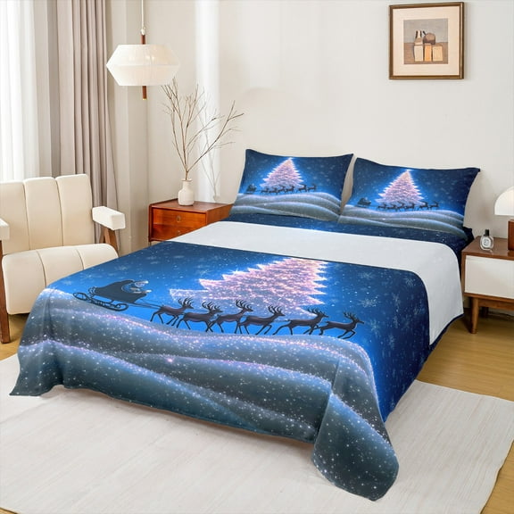 Manfei Snowflake Xmas Tree Twin Sheet Sets for Kids, Magical Santa Claus Twin Fitted Sheet, Blue Dreamy Christmas Reindeer Flat Sheet, Luxury Bedroom Decor, 3 Pieces