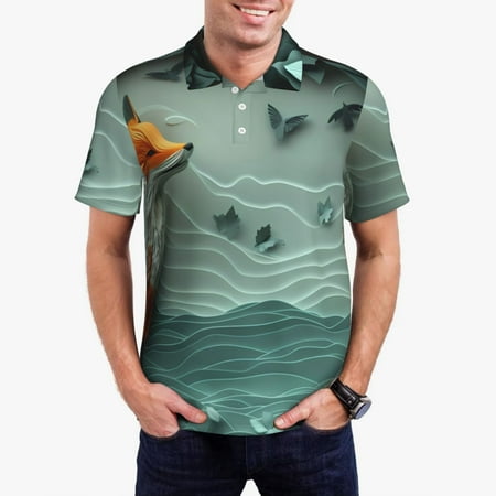 Haiem Paper Fox Crow Fantasy Pattern Mens Polo Shirts Quick Dry Short Sleeve Golf T Shirt Performance Moisture Wicking Casual Workout-3X-Large