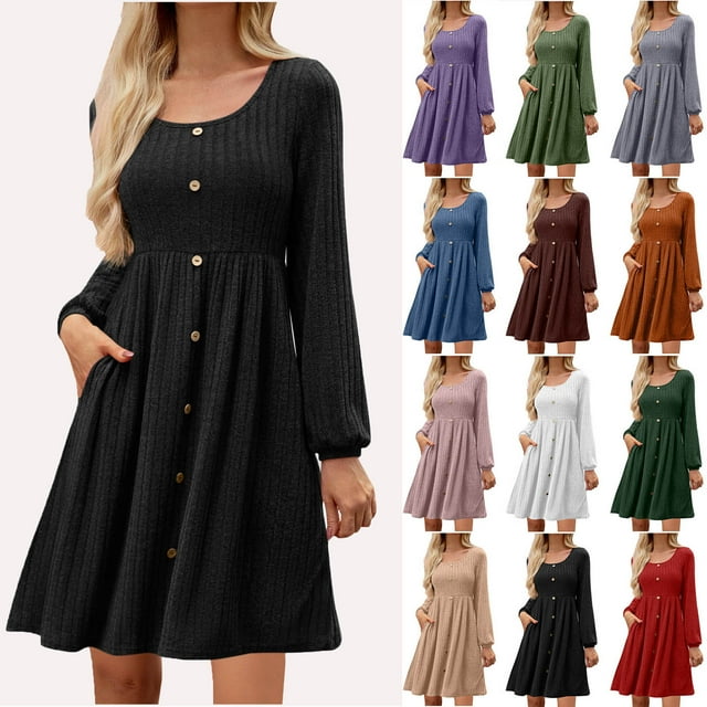 Robes d'Automne à Manches Longues pour Femmes avec Poches, Col en V, Boutons, Robe Chandail Décontractée en Tricot Badydoll 2025 Ndbuld, Noir, P