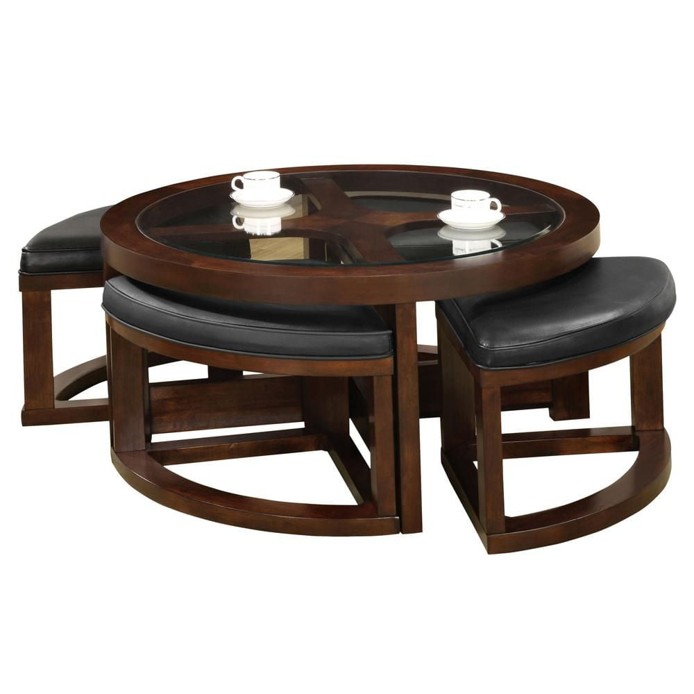 Wooden Coffee Table with 4 Chairs, Dark Walnut