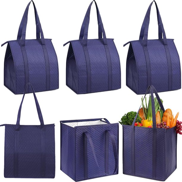 6 Piezas Bolsas de Compras Aisladas, Bolsas Térmicas Reutilizables con Cierre Superior, Adecuado para Alimentos Fríos y Calientes, Picnics y Compras (Azul púrpura)
