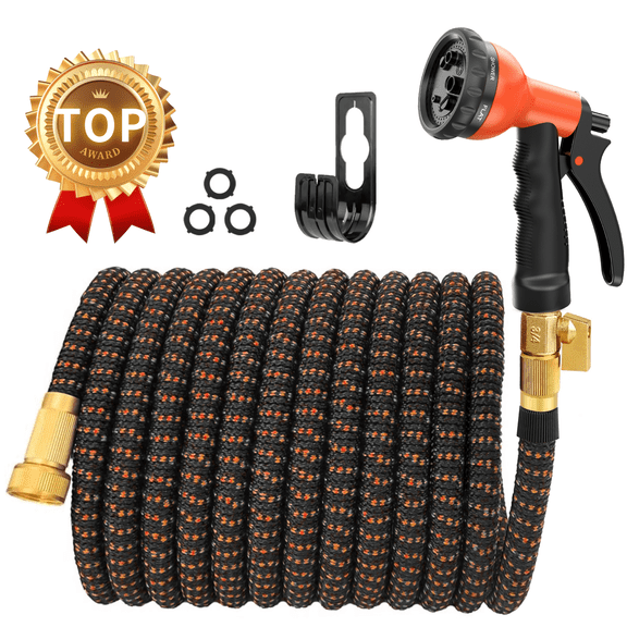 SUNDAN Expandable Garden Hose 100ft No Kink Flexible Water Hoses for Outdoor with 8-Pattern Spray Nozzle(Black/Orange)