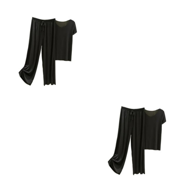 Sonducket Conjunto de pijama de seda helada para mujer, camiseta de manga corta de algodón, pantalones holgados con cintura elástica, ropa de Negro L 2piezas