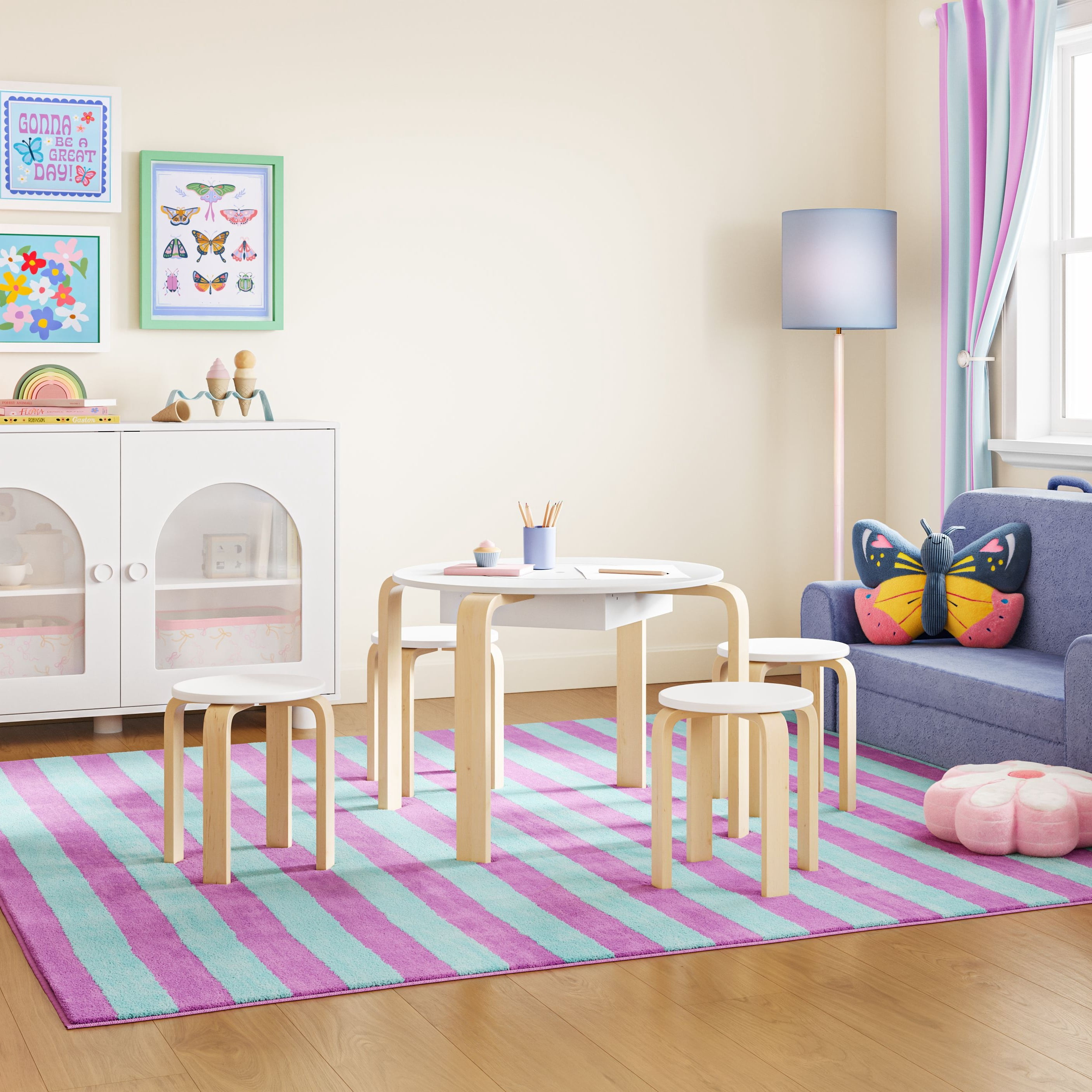 Mainstays Kids 5-Piece Get Happy Play and Chair Set, Natural Teak And White