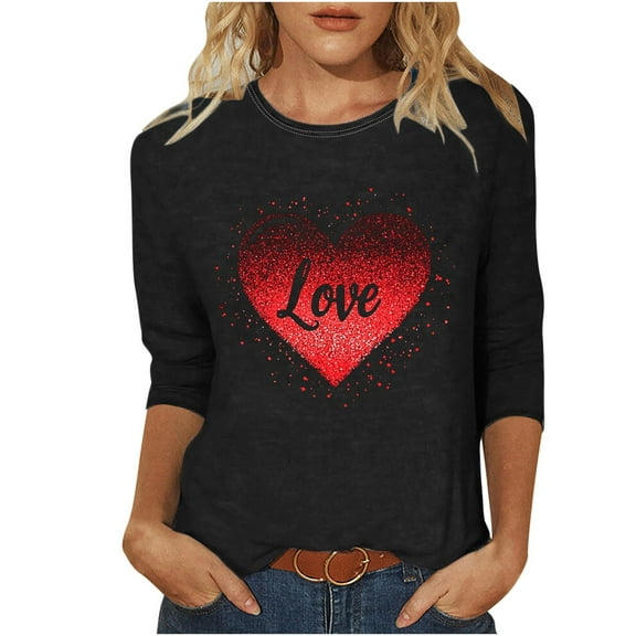Womens Tops Valentine Day Heart Printed 3/4 Sleeve Crewneck Lightweight Casual Tee Tops Ladies T-Shirts