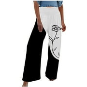 CZHJS Womens Bohemian Trouser Floral Printing Regular Fit Pants High Waist Boho Summer Beach Pants Comfy Long Palazzo Pants Hiking Pants for Ladies Black XXL