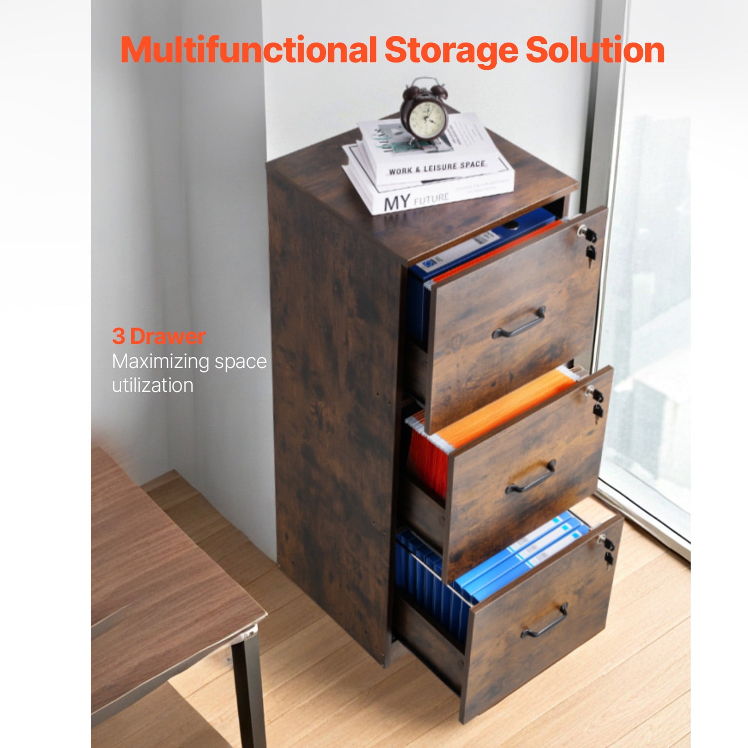 KFFKFF Lockable 3-Drawer File Cabinet, Metallic Vertical Storage Units for Residential Offices, Robust Cabinet with Dual-Stage Adjustable Rod for A4/Letter/Legal Size Documents, Assembly Simplified