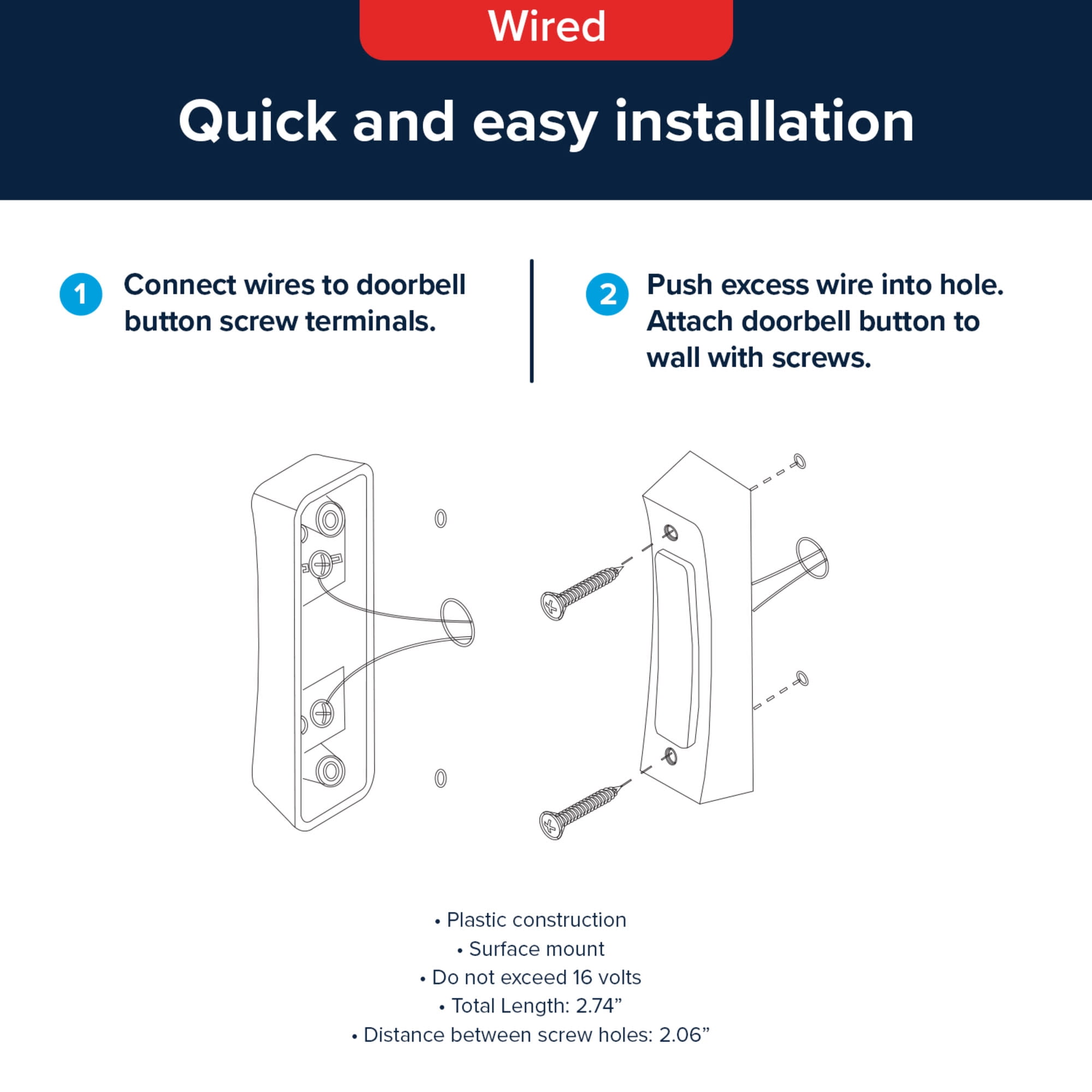 Globe Electric 91009259 Heath Zenith Plastic Wired Push Doorbell Button - Nickel