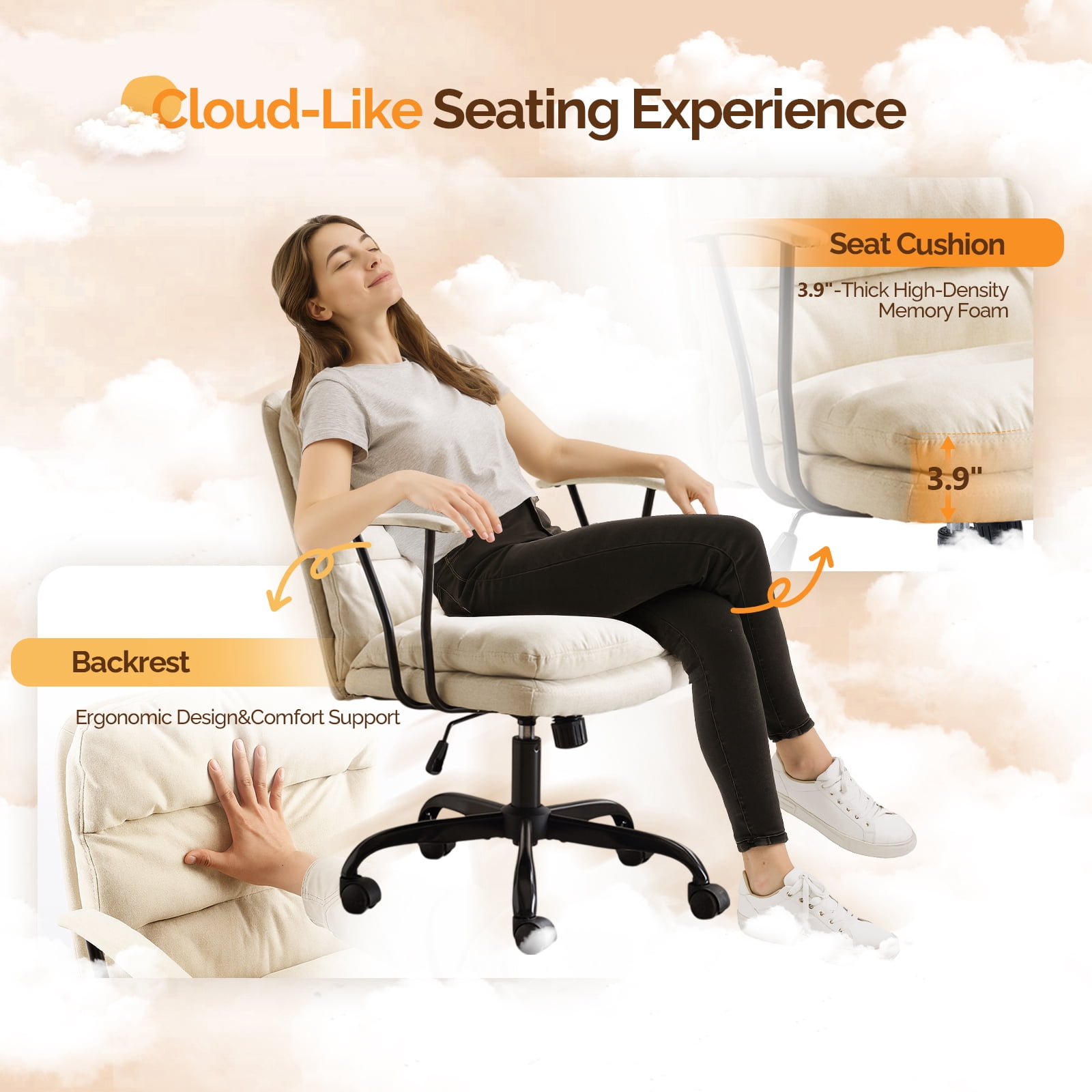 Ktaxon Office Chair with Armrests, Linen Fabric Desk Chair with Wheels, Swivel Task Chair for Study Room or Dressing Vanity Area Light Yellow
