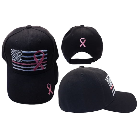USA Pink Line Pink Breast Cancer Awareness Ribbon Black Embroidered Cap Hat